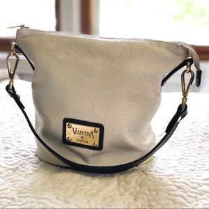 Valentina Small White Pebble Leather Bucket Bag